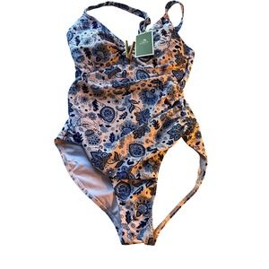 EOMENIE‎ Blue Floral Print One Piece Swimsuit V Neck Criss Cross Back